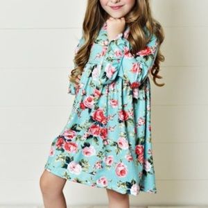 Teal and Pink Floral Bell Sleeve A-Line Dress